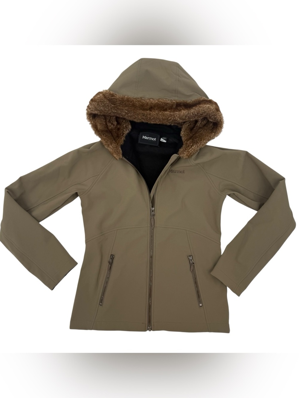 Marmot Women’s Size Small Jacket Faux Fur Hood softshell brown